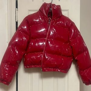 Red PrettyLitteThing Crop Bomber Leather Jacket
